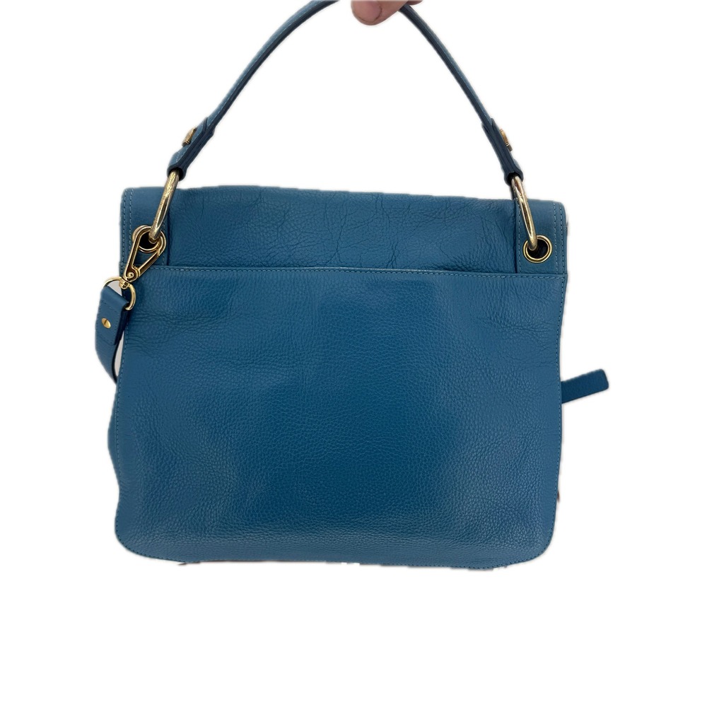 MCM Blue Pebbled Leather Studded Flap Crossbody Messenger Hobo Bag Gold Hardware - Picture 4 of 16